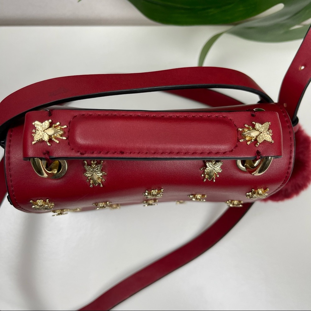 Zara Red Crossbody Bag with Gold Bee Studs and Pom Pom - Picture 9 of 12